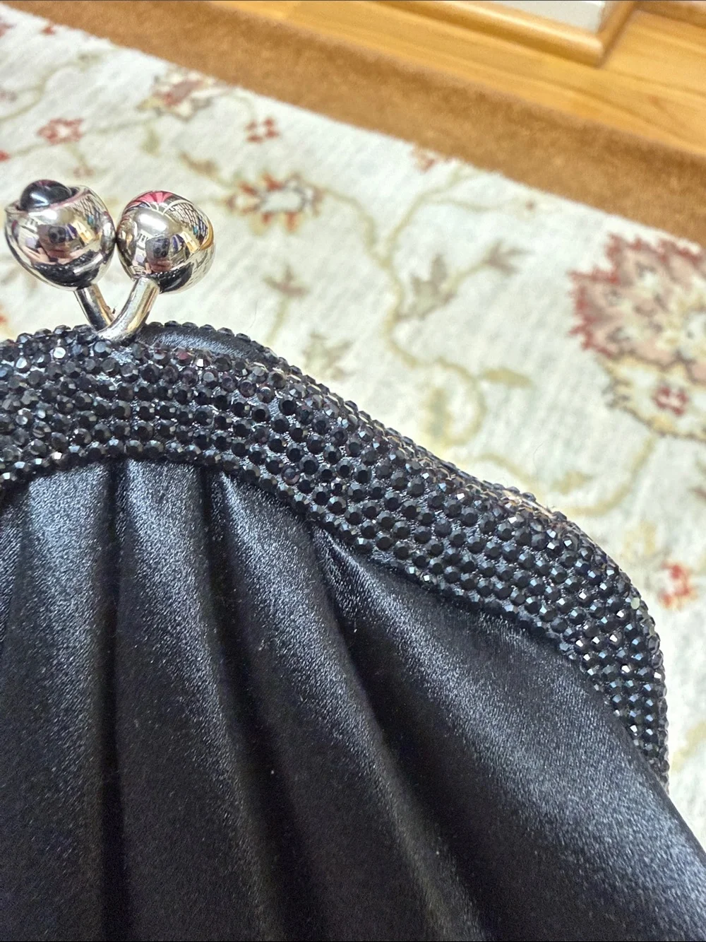 Judith Leiber Elegant Black Satin Kiss-Lock Evening Clutch